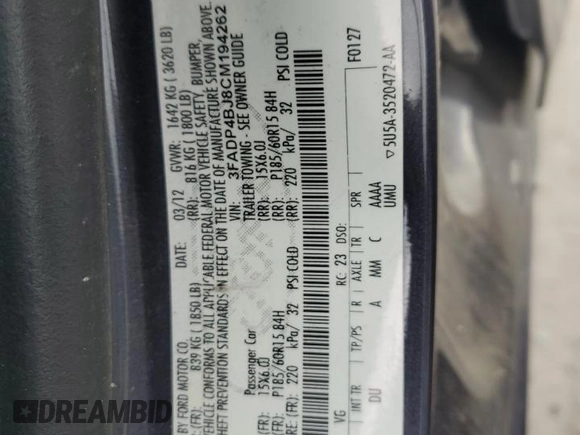 2012 Ford Fiesta SE z VIN 3FADP4BJ8CM194262, wystawiony jako Copart lot #56685845 z przebiegiem 367 579 mil mil oraz Szkoda całkowita • Salvage title. Historia ofert i sprzedaży dostępna na DreamBid. Obrazek 12.
