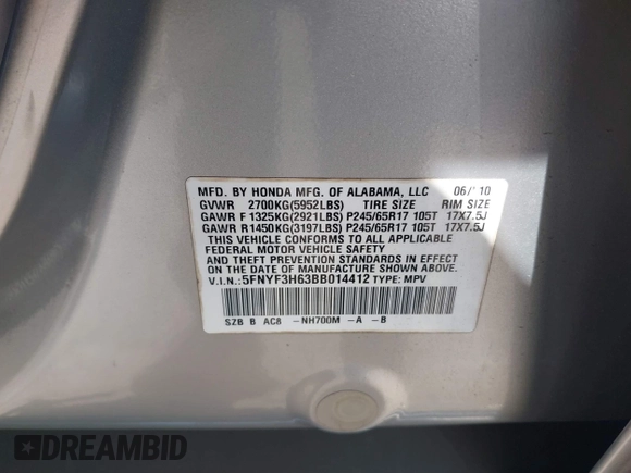 2011 Honda Pilot EX-L with VIN 5FNYF3H63BB014412, listed as a IAAI auction lot 41535137 with 155,100 mi miles and . Bid and sale history available at DreamBid. Image 9.
