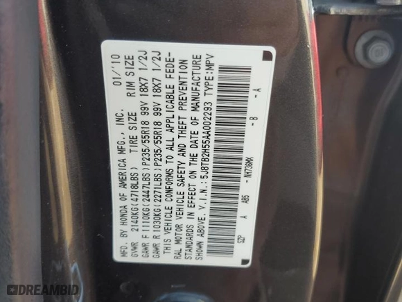 2010 Acura RDX Tech Pkg with VIN 5J8TB2H55AA002293, listed as a Copart auction lot 77899554 with 94,227 mi miles and Salvage Title. Bid and sale history available at carsss.com. Image 13.