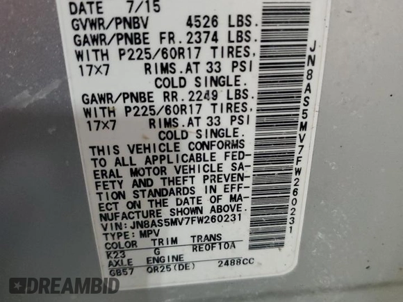 2015 Nissan Rogue S z VIN JN8AS5MV7FW260231, wystawiony jako Copart lot #51012055 z przebiegiem 138 582 mil mil oraz Tytuł czysty. Historia ofert i sprzedaży dostępna na DreamBid. Obrazek 13.