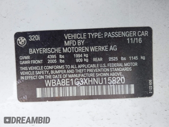2017 BMW 3 Series 320i with VIN WBA8E1G3XHNU15820, listed as a IAAI auction lot 41972367 with 74,181 mi miles and . Bid and sale history available at carsss.com. Image 9.