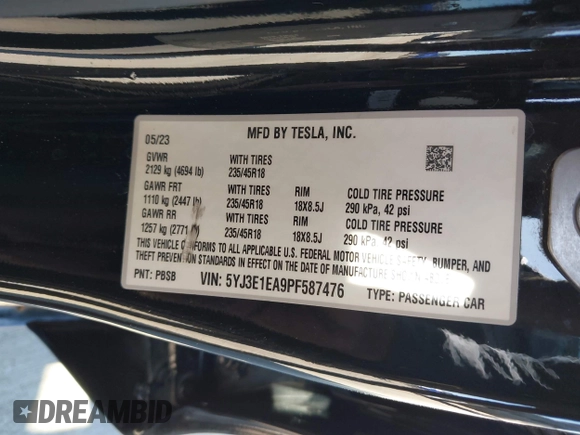 2023 Tesla Model 3 с VIN 5YJ3E1EA9PF587476, выставлен на аукционе IAAI как лот 41744170 с пробегом 27 541 миль миль и . История ставок и продаж доступна на DreamBid. Изображение 9.