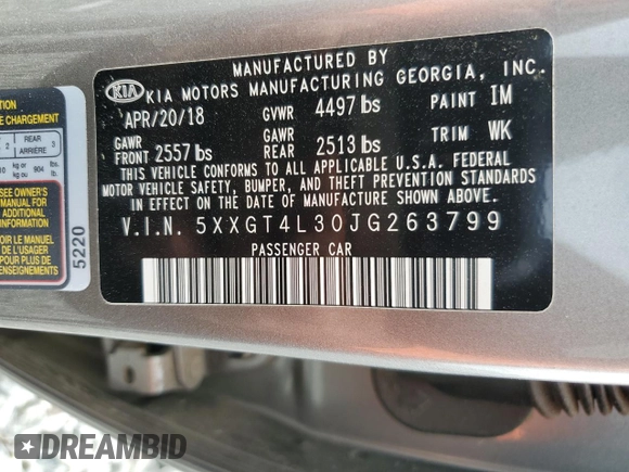 2018 Kia Optima LX z VIN 5XXGT4L30JG263799, wystawiony jako Copart lot #55140215 z przebiegiem 41 982 mil mil oraz Szkoda całkowita • Salvage title. Historia ofert i sprzedaży dostępna na DreamBid. Obrazek 13.