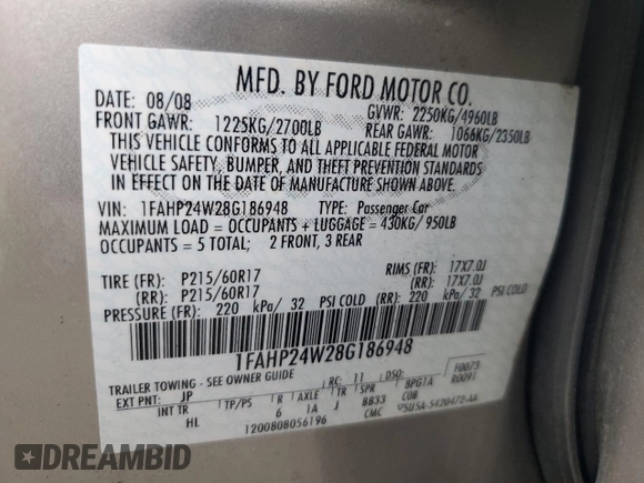 2008 Ford Taurus SEL with VIN 1FAHP24W28G186948, listed as a Copart auction lot 73838004 with 130,088 mi miles and Salvage Title. Bid and sale history available at carsss.com. Image 12.