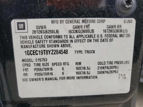 2000 Chevrolet Silverado 1500 LS with VIN 1GCEC19T8YZ284548, listed as a Copart auction lot 47891245 with 0 mi miles and Salvage Title. Bid and sale history available at carsss.com. Image 14.