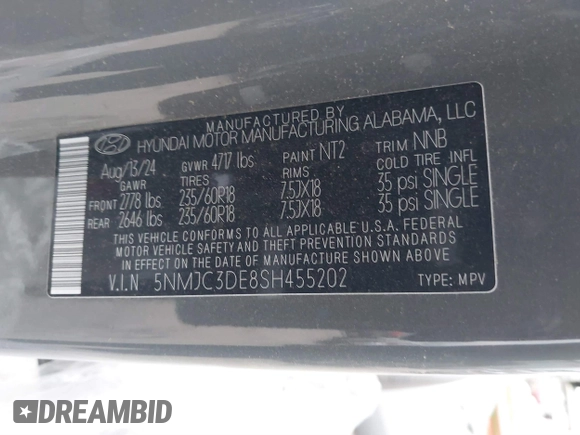 2025 Hyundai Tucson SEL Convenience with VIN 5NMJC3DE8SH455202, listed as a IAAI auction lot 41541338 with 5,911 mi miles. Bid and sale history available at carsss.com. Image 9.