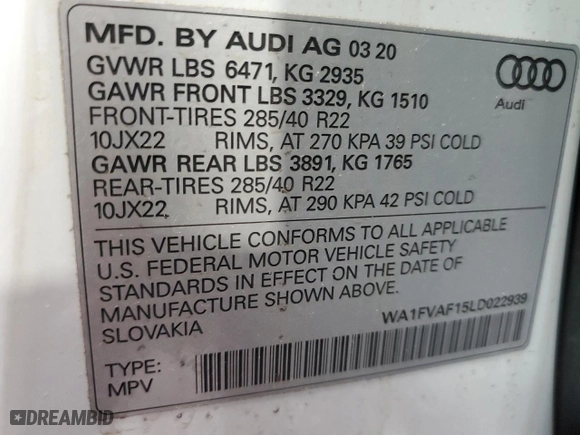 2020 Audi Q8 Prestige with VIN WA1FVAF15LD022939, listed as a Copart auction lot 57142233 with 35,061 mi miles. Bid and sale history available at carsss.com. Image 12.