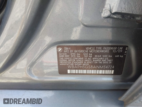 2010 BMW 3 Series 328i with VIN WBAPH5G58ANM34724, listed as a IAAI auction lot 42159549 with 152,472 mi miles and . Bid and sale history available at DreamBid. Image 9.