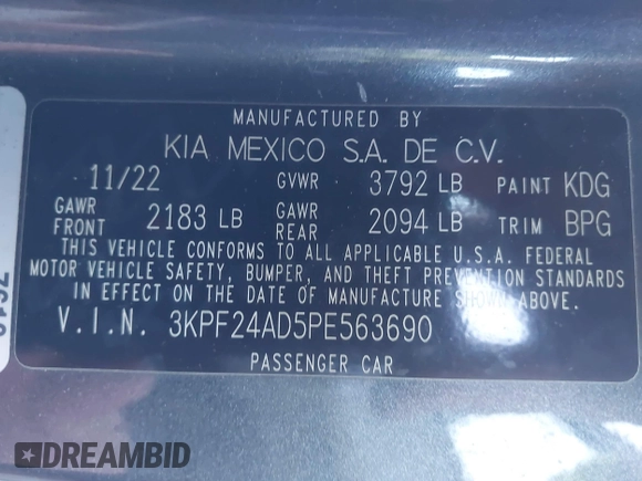 2023 Kia Forte LXS with VIN 3KPF24AD5PE563690, listed as a IAAI auction lot 41459841 with 55,478 mi miles. Bid and sale history available at carsss.com. Image 9.