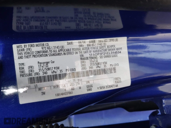 2014 Ford Focus SE with VIN 1FADP3F21EL314534, listed as a IAAI auction lot 42130032 with 103,866 mi miles. Bid and sale history available at carsss.com. Image 9.