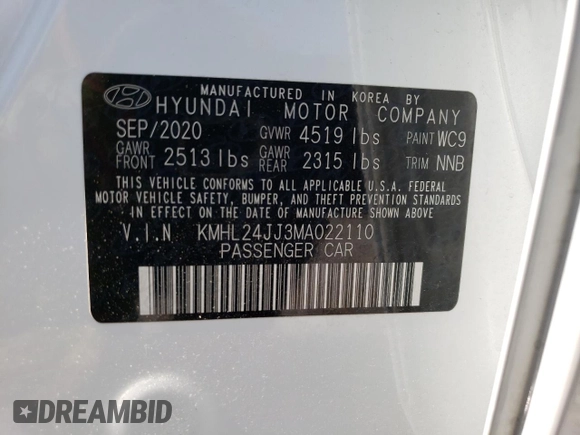 2021 Hyundai Sonata Hybrid Blue with VIN KMHL24JJ3MA022110, listed as a Copart auction lot 55993273 with 21,887 mi miles. Bid and sale history available at carsss.com. Image 13.