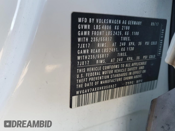 2017 Volkswagen Tiguan S with VIN WVGAV7AXXHK050927, listed as a Copart auction lot 49633085 with 78,155 mi miles and Salvage Title. Bid and sale history available at DreamBid. Image 14.