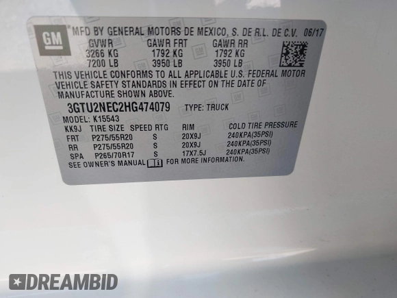 2017 GMC Sierra 1500 SLT z VIN 3GTU2NEC2HG474079, wystawiony jako IAAI lot #41899673 z przebiegiem 104 033 mil mil oraz . Historia ofert i sprzedaży dostępna na DreamBid. Obrazek 9.