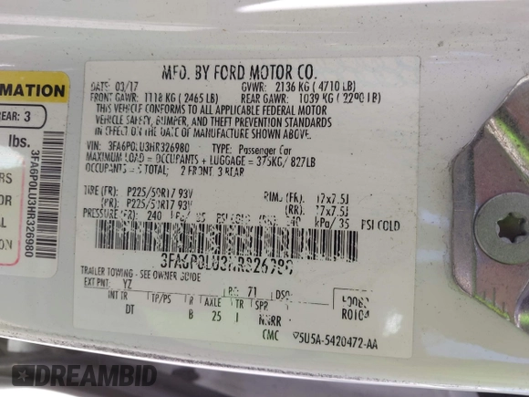 2017 Ford Fusion Hybrid SE with VIN 3FA6P0LU3HR326980, listed as a IAAI auction lot 42692591 with 141,122 mi miles and . Bid and sale history available at DreamBid. Image 9.