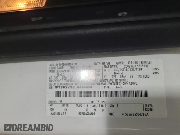 2020 Ford Transit Cargo with VIN 1FTBR2YG6LKA84460, listed as a IAAI auction lot 42839917 with 129,041 mi miles and . Bid and sale history available at DreamBid. Image 19.