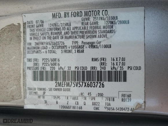 2007 Mercury Grand Marquis LS with VIN 2MEFM75V57X603726, listed as a Copart auction lot 48104695 with 190,615 mi miles and Salvage Title. Bid and sale history available at carsss.com. Image 12.