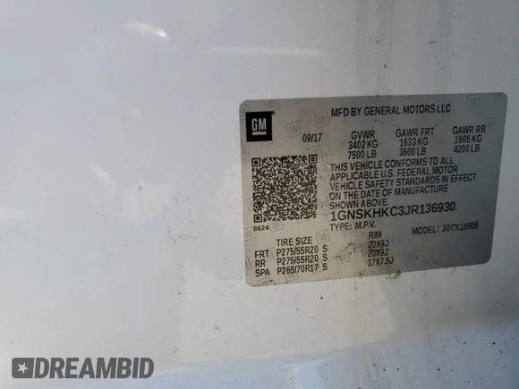 2018 Chevrolet Suburban LT z VIN 1GNSKHKC3JR136930, wystawiony jako Copart lot #54765635 z przebiegiem 42 047 mil mil oraz Czysty tytuł • Clean title. Historia ofert i sprzedaży dostępna na DreamBid. Obrazek 14.
