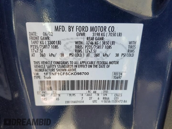 2012 Ford F-150 XL with VIN 1FTNF1CF5CKD98700, listed as a Copart auction lot 43165675 with 65,089 mi miles and Salvage title. Bid and sale history available at DreamBid. Image 12.