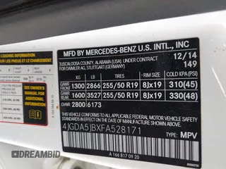 2015 Mercedes-Benz M 350 with VIN 4JGDA5JBXFA528171, listed as a IAAI auction lot 41931784 with 92,163 mi miles and . Bid and sale history available at DreamBid. Image 9.