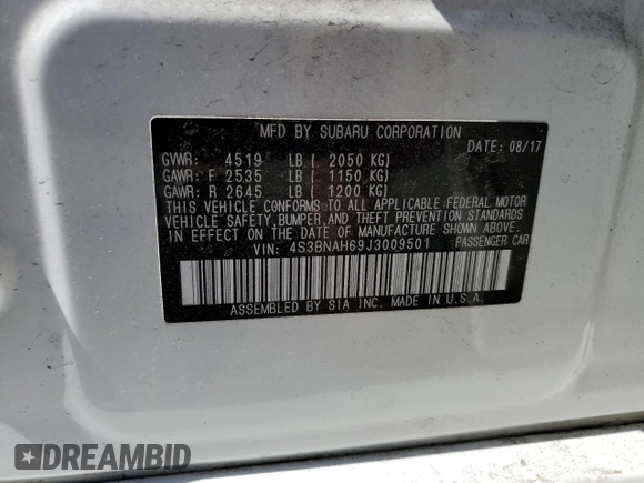 2018 Subaru Legacy Premium with VIN 4S3BNAH69J3009501, listed as a Copart auction lot 67117463 with 87,444 mi miles. Bid and sale history available at carsss.com. Image 13.