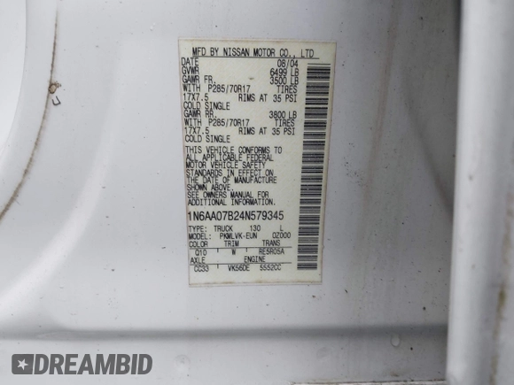 2004 Nissan Titan LE with VIN 1N6AA07B24N579345, listed as a IAAI auction lot 42174006 with 142,780 mi miles and . Bid and sale history available at DreamBid. Image 9.