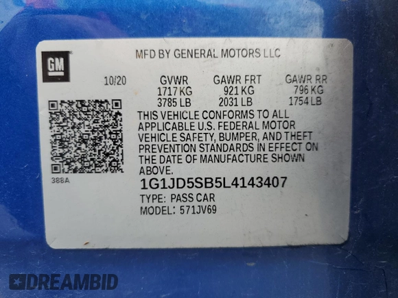 2020 Chevrolet Sonic LT with VIN 1G1JD5SB5L4143407, listed as a Copart auction lot 59686985 with 74,062 mi miles and Salvage title. Bid and sale history available at DreamBid. Image 13.