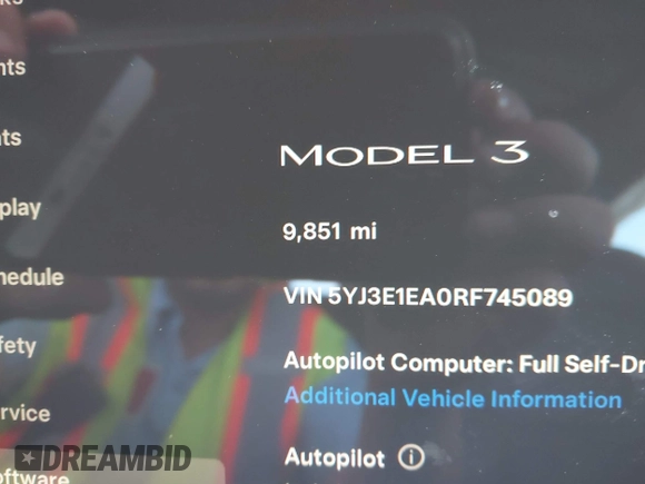 2024 Tesla Model 3 with VIN 5YJ3E1EA0RF745089, listed as a IAAI auction lot 41980217 with 9,851 mi miles and . Bid and sale history available at DreamBid. Image 15.