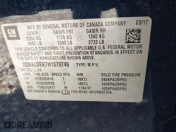 2017 Chevrolet Equinox Premier with VIN 2GNALDEK7H1579749, listed as a IAAI auction lot 41792431 with 96,024 mi miles. Bid and sale history available at carsss.com. Image 9.