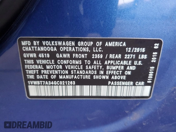 2016 Volkswagen Passat SE with VIN 1VWBT7A34GC021263, listed as a Copart auction lot 54558625 with 115,224 mi miles and Salvage title. Bid and sale history available at DreamBid. Image 13.