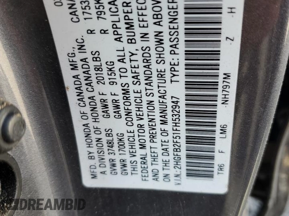 2015 Honda Civic Sedan LX with VIN 2HGFB2F51FH532947, listed as a Copart auction lot 49645685 with 97,466 mi miles and Salvage Title. Bid and sale history available at carsss.com. Image 12.