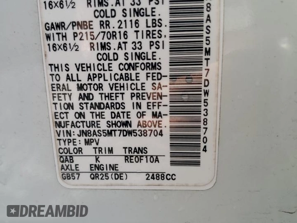 2013 Nissan Rogue S with VIN JN8AS5MT7DW538704, listed as a Copart auction lot 54335365 with 82,327 mi miles and Salvage Title. Bid and sale history available at carsss.com. Image 13.