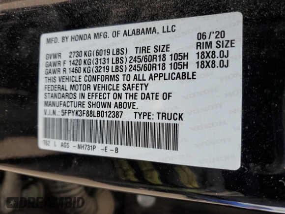 2020 Honda Ridgeline Black Edition with VIN 5FPYK3F88LB012387, listed as a Copart auction lot 45812235 with Not provided miles and Salvage title. Bid and sale history available at DreamBid. Image 14.