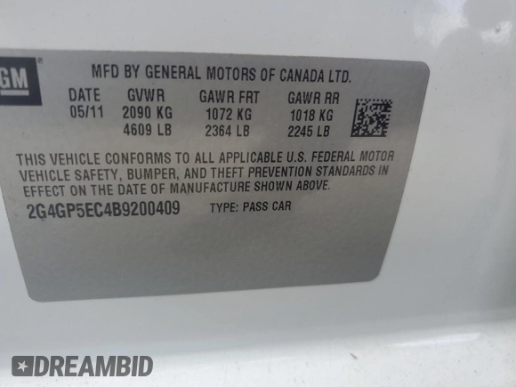2011 Buick Regal CXL RL2 with VIN 2G4GP5EC4B9200409, listed as a Copart auction lot 65883684 with 184,213 mi miles and Salvage Title. Bid and sale history available at carsss.com. Image 12.