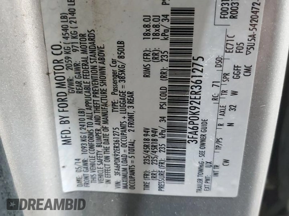 2014 Ford Fusion Titanium with VIN 3FA6P0K92ER361275, listed as a Copart auction lot 87653155 with 157,672 mi miles and Non Repairable. Bid and sale history available at carsss.com. Image 12.
