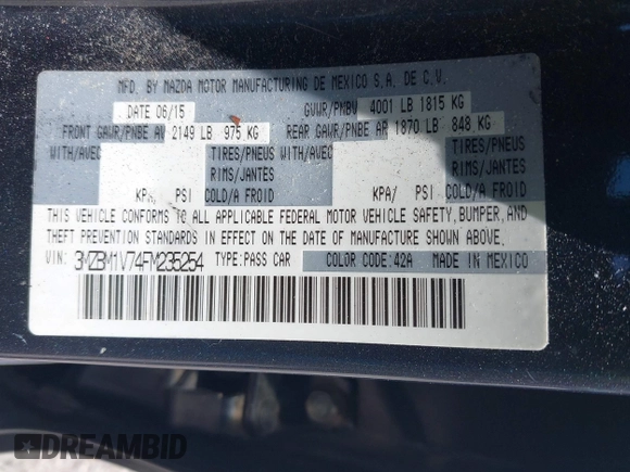 2015 Mazda 3 i Touring with VIN 3MZBM1V74FM235254, listed as a IAAI auction lot 42282948 with 136,071 mi miles and . Bid and sale history available at DreamBid. Image 9.