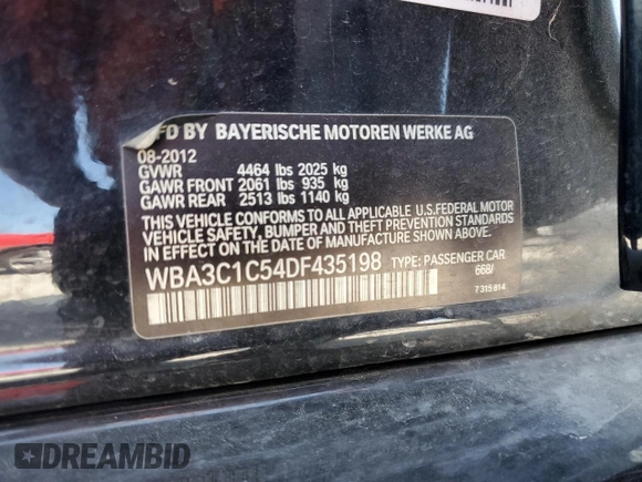 2013 BMW 3 Series 328i with VIN WBA3C1C54DF435198, listed as a Copart auction lot 62025995 with 254,441 mi miles and Salvage title. Bid and sale history available at DreamBid. Image 12.