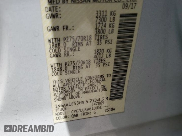 2017 Nissan Titan SV with VIN 1N6AA1E53HN570453, listed as a Copart auction lot 52941025 with 146,705 mi miles and Salvage title. Bid and sale history available at DreamBid. Image 12.