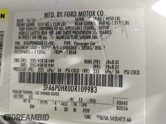 2013 Ford Fusion SE с VIN 3FA6P0HR0DR109983, выставлен на аукционе IAAI как лот 42791454 с пробегом 106 010 миль миль и . История ставок и продаж доступна на DreamBid. Изображение 9.