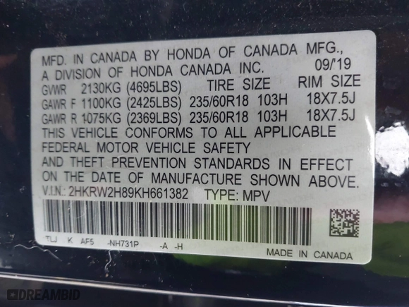 2019 Honda CR-V EX-L with VIN 2HKRW2H89KH661382, listed as a IAAI auction lot 41610746 with 89,831 mi miles. Bid and sale history available at carsss.com. Image 9.