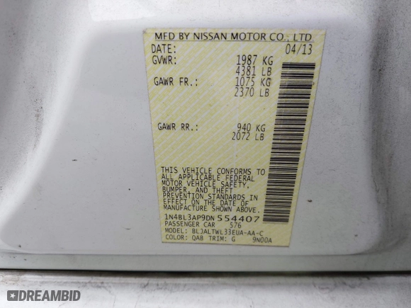 2013 Nissan Altima 3.5 SL with VIN 1N4BL3AP9DN554407, listed as a IAAI auction lot 41394630 with 134,500 mi miles. Bid and sale history available at carsss.com. Image 9.