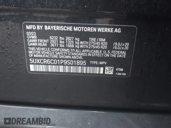 2023 BMW X5 xDrive40i with VIN 5UXCR6C01P9S01895, listed as a IAAI auction lot 41905192 with 33,326 mi miles and . Bid and sale history available at DreamBid. Image 9.