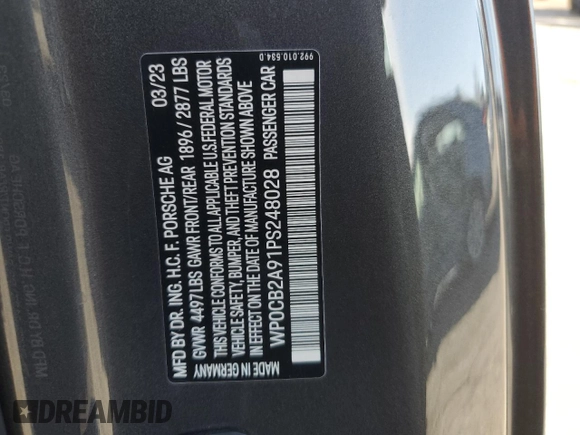 2023 Porsche 911 Carrera S with VIN WP0CB2A91PS248028, listed as a Copart auction lot 44021485 with 5,100 mi miles and Salvage Title. Bid and sale history available at carsss.com. Image 14.