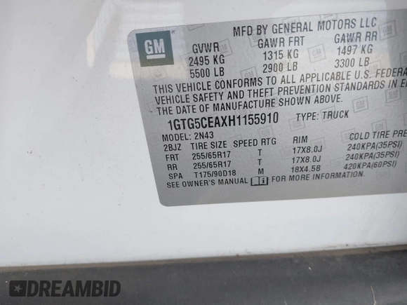 2017 GMC Canyon 2WD SLE with VIN 1GTG5CEAXH1155910, listed as a IAAI auction lot 41817728 with 58,191 mi miles. Bid and sale history available at carsss.com. Image 9.