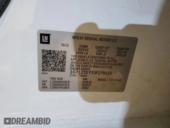 2018 GMC Sierra 2500HD SLT with VIN 1GT12TEY7JF279153, listed as a Copart auction lot 87697105 with 121,082 mi miles and Salvage Title. Bid and sale history available at carsss.com. Image 13.