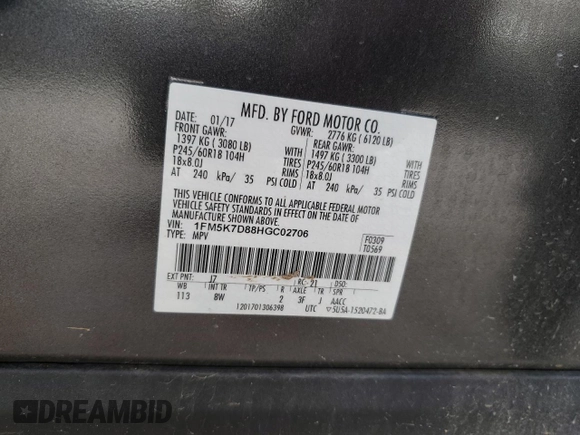 2017 Ford Explorer XLT с VIN 1FM5K7D88HGC02706, выставлен на аукционе Copart как лот 52456485 с пробегом 60 702 миль миль и Списание • Salvage title. История ставок и продаж доступна на DreamBid. Изображение 15.