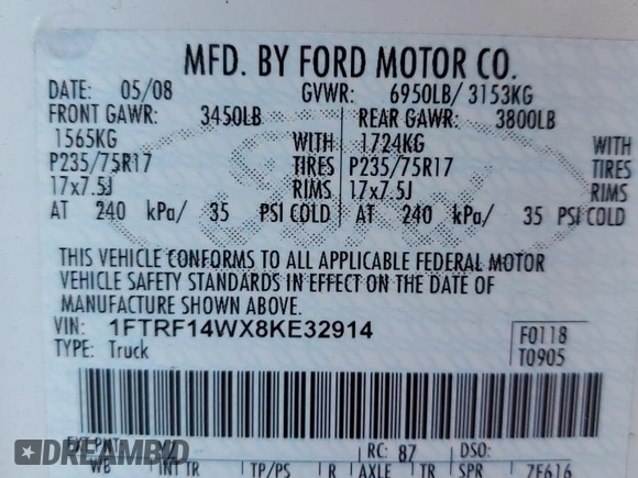 2008 Ford F-150 XL with VIN 1FTRF14WX8KE32914, listed as a Copart auction lot 83001354 with 162,464 mi miles and Clean Title. Bid and sale history available at carsss.com. Image 12.