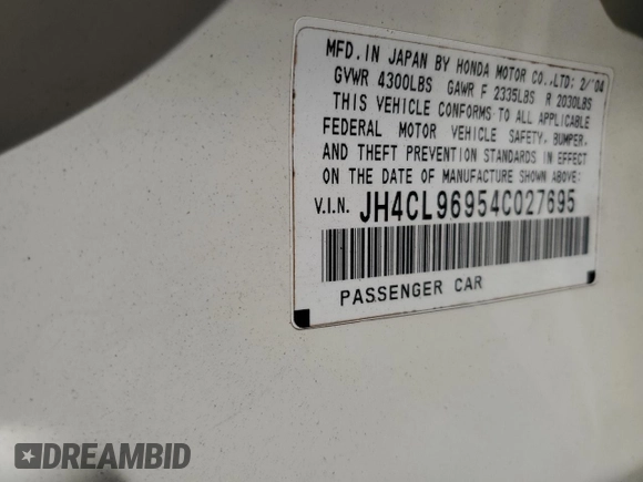 2004 Acura TSX w/Navigation with VIN JH4CL96954C027695, listed as a Copart auction lot 44243455 with Not provided miles and Salvage title. Bid and sale history available at DreamBid. Image 15.