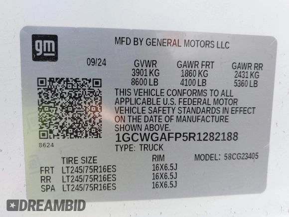 2024 Chevrolet Express Cargo with VIN 1GCWGAFP5R1282188, listed as a IAAI auction lot 42706483 with 10,116 mi miles and . Bid and sale history available at DreamBid. Image 9.