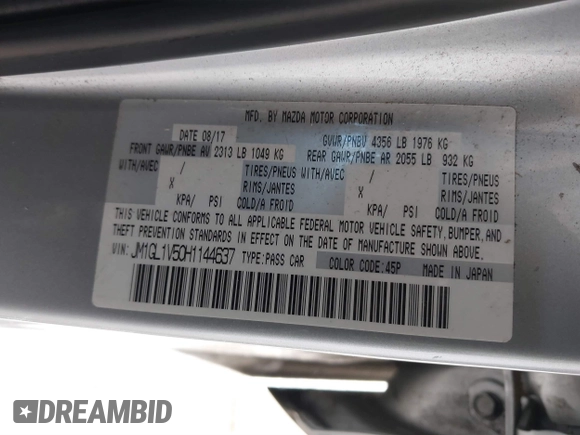 2017 Mazda Mazda6 Touring with VIN JM1GL1V50H1144637, listed as a IAAI auction lot 41849569 with 100,047 mi miles. Bid and sale history available at carsss.com. Image 9.