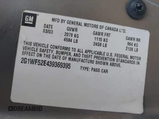 2003 Chevrolet Impala z VIN 2G1WF52E439369395, wystawiony jako IAAI lot #42229131 z przebiegiem 211 962 mil mil oraz . Historia ofert i sprzedaży dostępna na DreamBid. Obrazek 9.